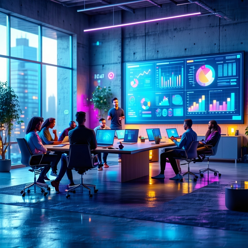 In a spacious contemporary office adorned with sleek furniture and large windows that flood the room with natural light a diverse group of marketers and sales professionals are seated around a polished conference table their laptops aglow with data a