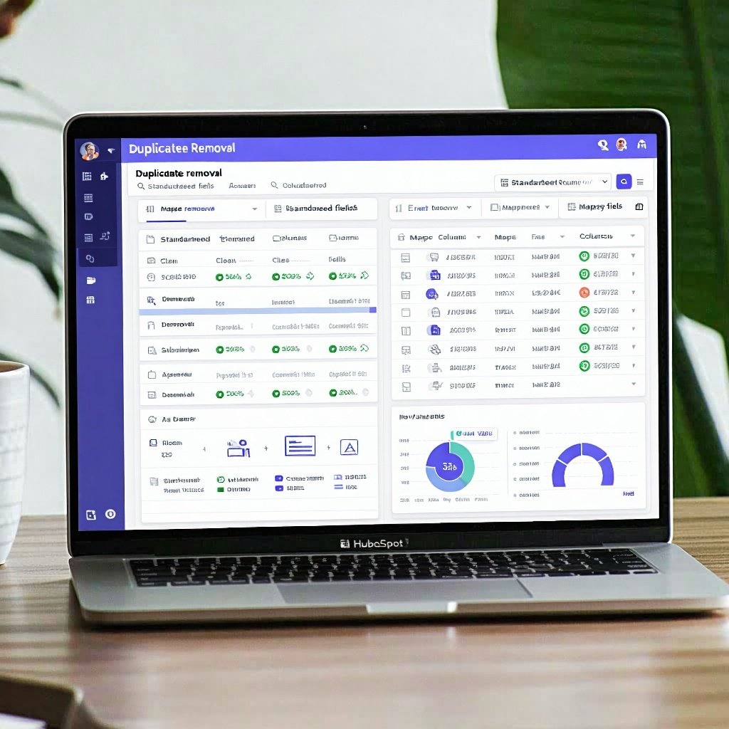 Digital workspace showing a spreadsheet being cleaned—highlighting duplicate contact entries, standardised data fields, and HubSpot import mapping.